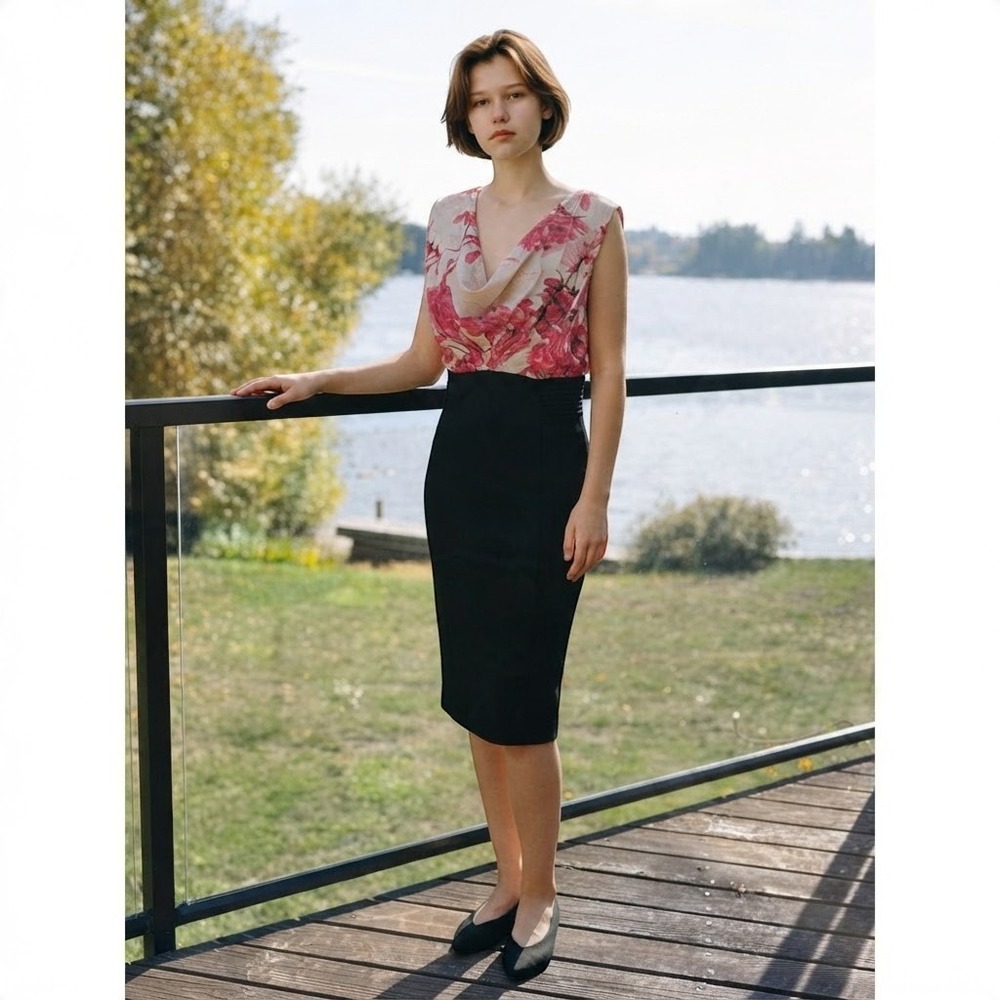 Ted Baker Silk Bodice Dega Floral Etching Black Pink Pencil Dress sz 2 (USA 6)